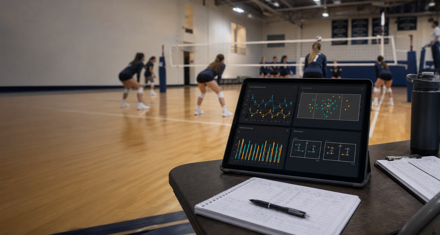 Tablet with volleyball match analytics on an indoor court